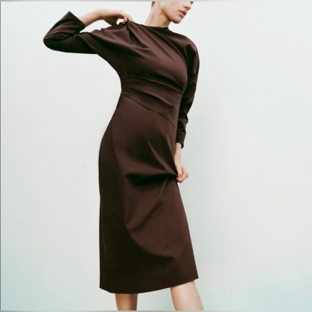 Zara Ruched Long Sleeve Brown Midi Dress (M)